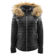 Womens Real Leather Puffer Jacket Fully Quilted Removable Hood Belinda Black