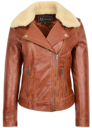 Womens Real Chestnut Leather Trendy Biker Jacket With Removable Sheepskin Collar Rosie
