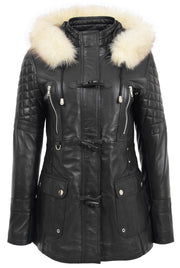 Womens Trendy Real Soft Leather Duffle Coat Fitted Removable Hood Parka Cory Black 4