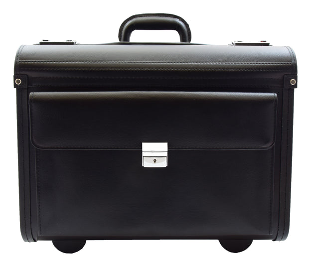 Wheeled Black Leather Pilot Case Business Reps Doctors Briefcase Cabin Bag AP16