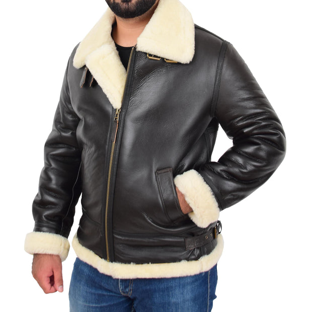 Genuine Sheepskin Flying Jacket For Men B3 Bomber Shearling Coat Thunder Brown/White Front 2