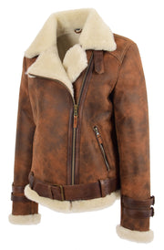 Womens Real Sheepskin Jacket Brown Antique Shearling Aviator Coat Willow 7