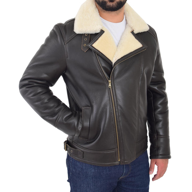 Mens Real Sheepskin Flying Jacket X-Zip Shearling Aviator Bomber Coat Stealth Brown White Front 2