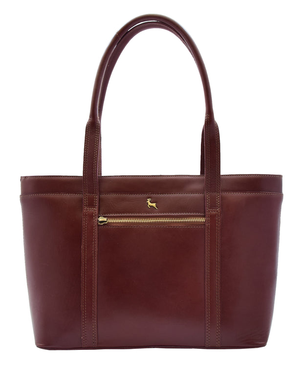 Womens Genuine Cowhide Leather Shoulder Bag Large Shopper Handbag Mazie Chestnut