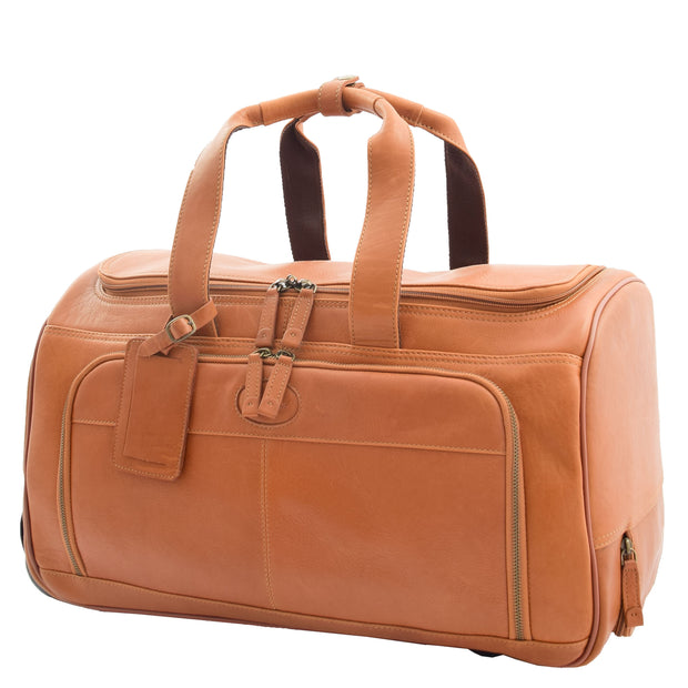 Wheeled Tan Leather Holdall Telescopic Handle Travel Duffle Ozwald Front 2