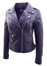 Womens Leather Biker Jacket Purple Trendy Slim Fit Designer Ayla