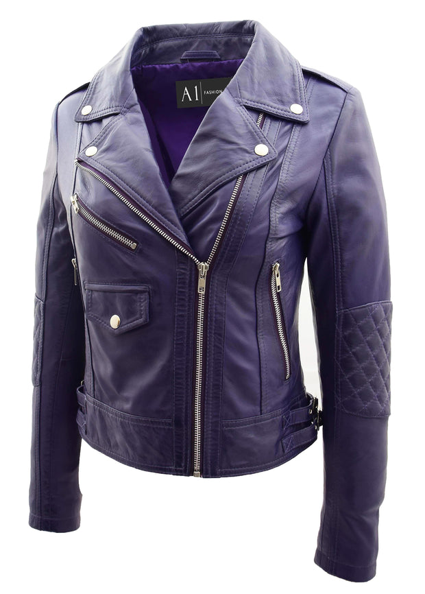 Womens Leather Biker Jacket Purple Trendy Slim Fit Designer Ayla