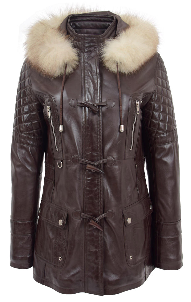 Womens Trendy Real Soft Leather Duffle Coat Fitted Removable Hood Parka Cory Brown 7