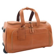 Wheeled Tan Leather Holdall Telescopic Handle Travel Duffle Ozwald Front 3