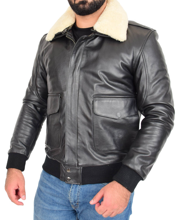 Mens Genuine Cowhide Black Leather Flight Jacket Sheepskin Collar Bomber Harrier