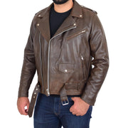 Mens Genuine Cowhide Biker Jacket Heavy Duty Antique Brown Leather Coat Rock Open 2