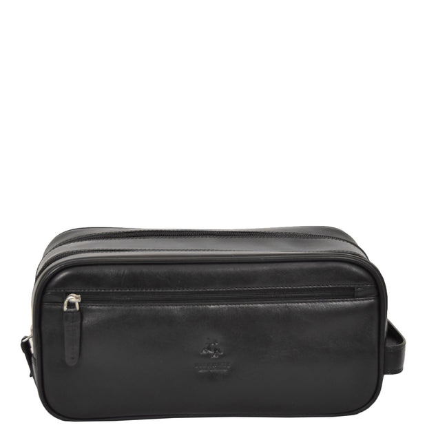 Real Leather Wash bag Travel Toiletry Cosmetic Wrist Bag Black AZ10 Front