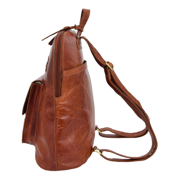 Womens Real Cognac Leather Backpack Organiser Day Rucksack Campus Side