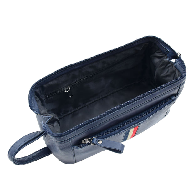 Mens Navy Leather Toiletry Cosmetic Shaving Kit Travel Wash Bag Guy3
