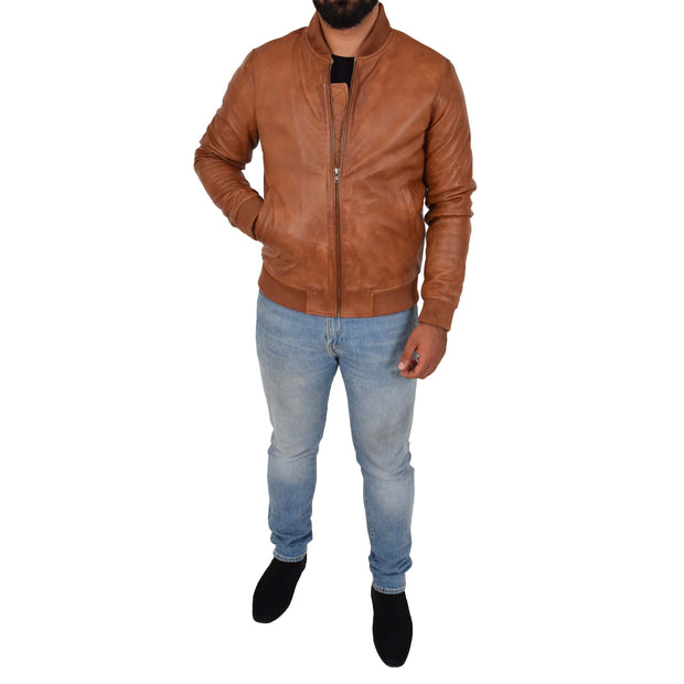 Mens Genuine Leather Bomber Jacket Varsity Coat Jaxson Cognac Full