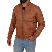 Mens Genuine Leather Bomber Jacket Varsity Coat Jaxson Cognac Front 1