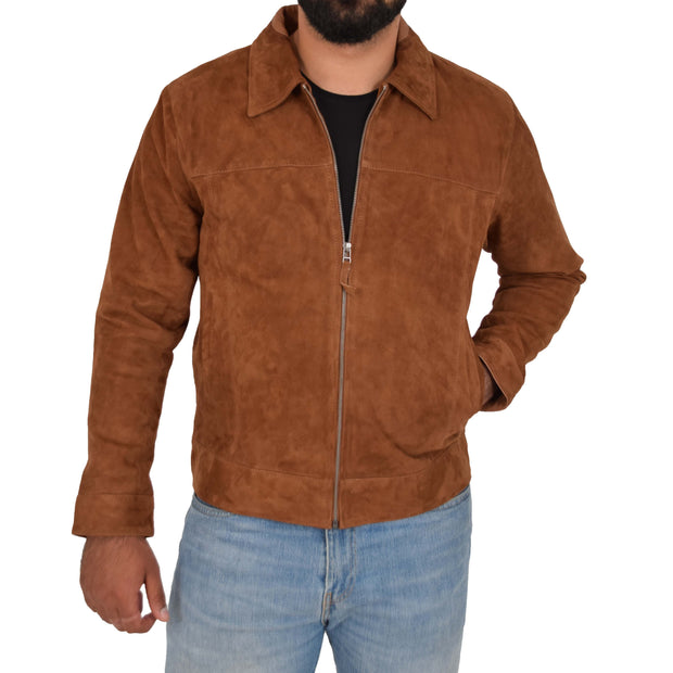 Mens Genuine Soft Suede Zip Jasper Blouson Jacket Baxter Tan