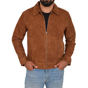 Mens Genuine Soft Suede Zip Jasper Blouson Jacket Baxter Tan Front 1