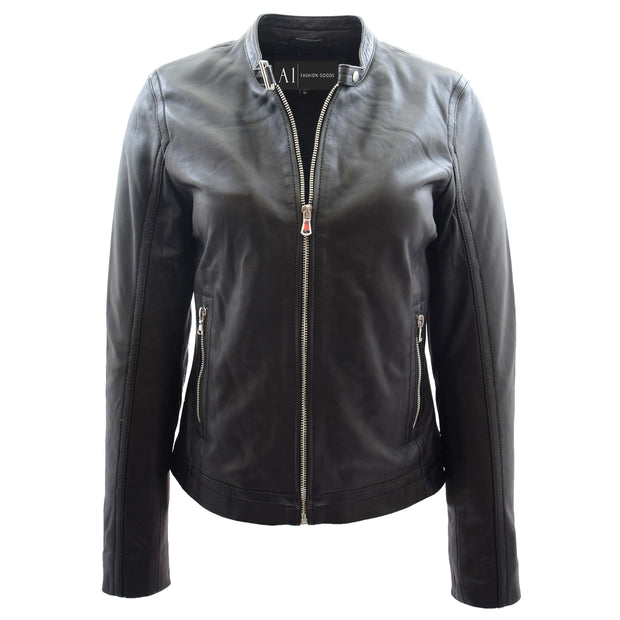 Womens Soft Leather Biker Jacket Fitted Trendy Stylish Zip Fasten Emery Black