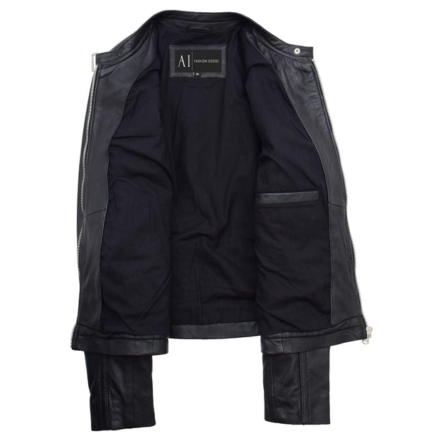 Womens Soft Leather Biker Jacket Fitted Trendy Stylish Zip Fasten Emery Black