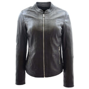 Womens Soft Leather Biker Jacket Fitted Zip Fasten Band Collar Casual Style Mia Black