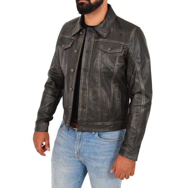 Mens Trucker Leather Jacket Vintage Western Denim Style Coat Bond Rub Off Open 2