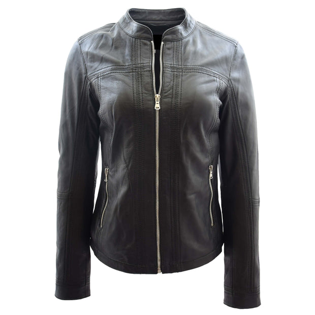 Womens Soft Leather Biker Jacket Fitted Zip Fasten Band Collar Casual Style Mia Black