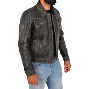 Mens Trucker Leather Jacket Vintage Western Denim Style Coat Bond Rub Off Open 1
