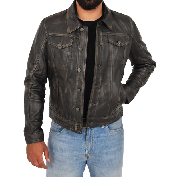 Mens Trucker Leather Jacket Vintage Western Denim Style Coat Bond Rub Off