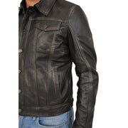 Mens Trucker Leather Jacket Vintage Western Denim Style Coat Bond Rub Off Feature