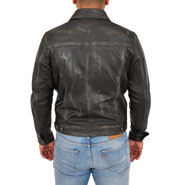 Mens Trucker Leather Jacket Vintage Western Denim Style Coat Bond Rub Off Back