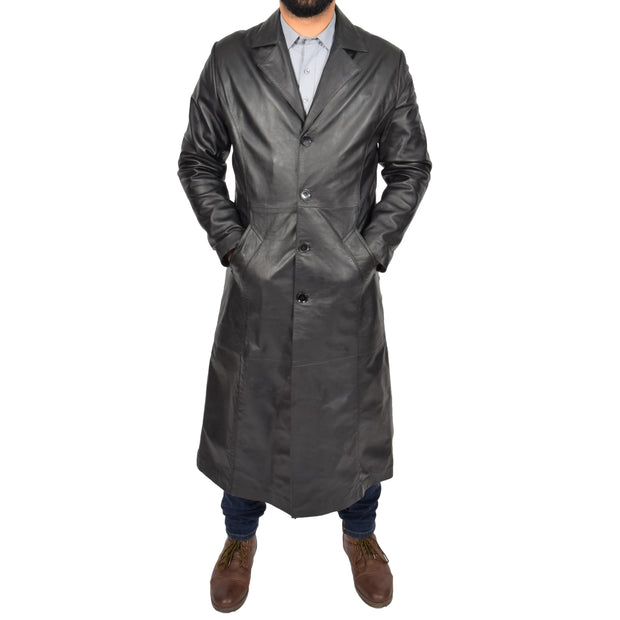 Mens Leather Overcoat Full Length Trench Coat Blade Black Front 1