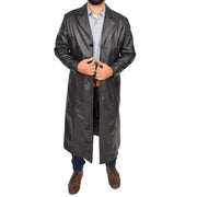 Mens Leather Overcoat Full Length Trench Coat Blade Black Open 1