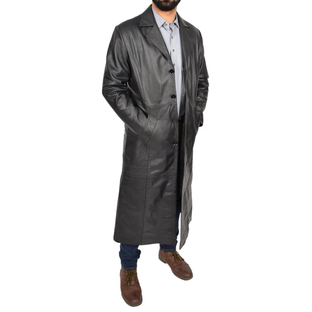 Mens Leather Overcoat Full Length Trench Coat Blade Black Open 2