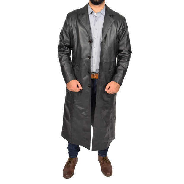 Mens Leather Overcoat Full Length Trench Coat Blade Black Open 3