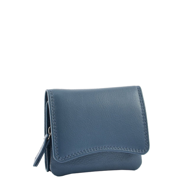 Womens Trifold Genuine Leather Purse Compact Clutch Style Wallet AL16 Blue