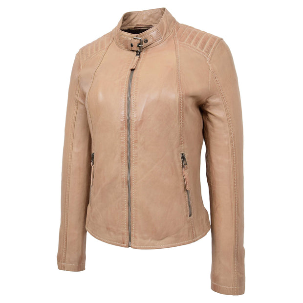 Womens Soft Leather Jacket Taupe Casual Fitted Trendy Biker Style Jadie