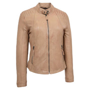 Womens Soft Leather Jacket Taupe Casual Fitted Trendy Biker Style Jadie