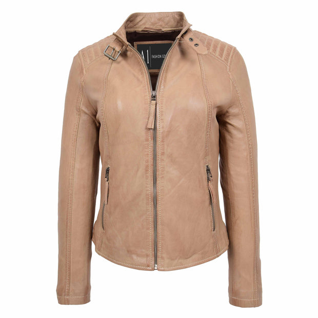 Womens Soft Leather Jacket Taupe Casual Fitted Trendy Biker Style Jadie