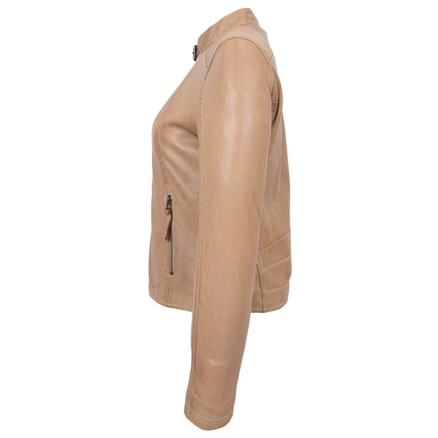 Womens Soft Leather Jacket Taupe Casual Fitted Trendy Biker Style Jadie