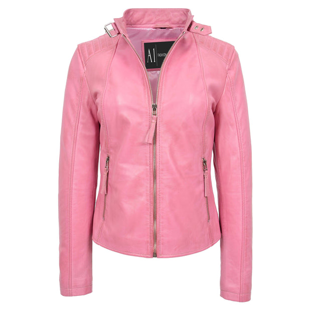 Womens Soft Leather Jacket Baby Pink Casual Fitted Trendy Biker Style Jadie