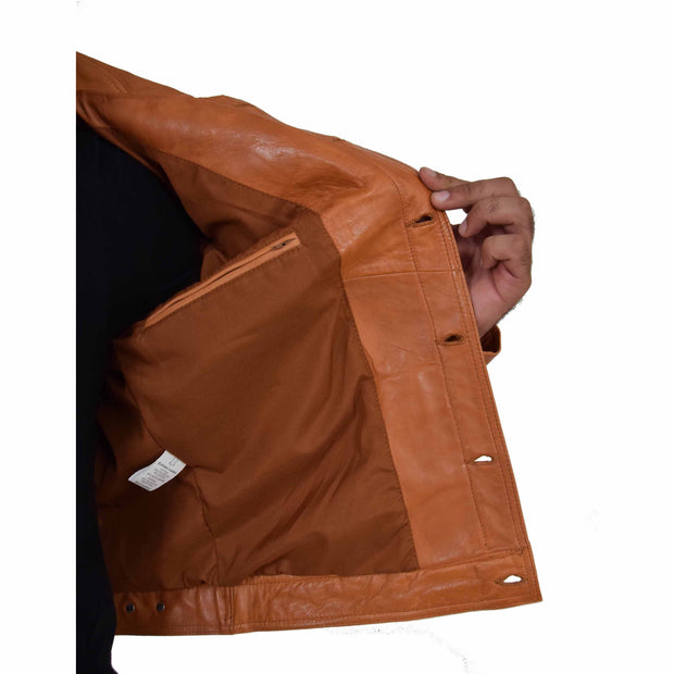 Mens Trucker Soft Leather Jacket Western Denim Style Coat Bond Tan Lining 6
