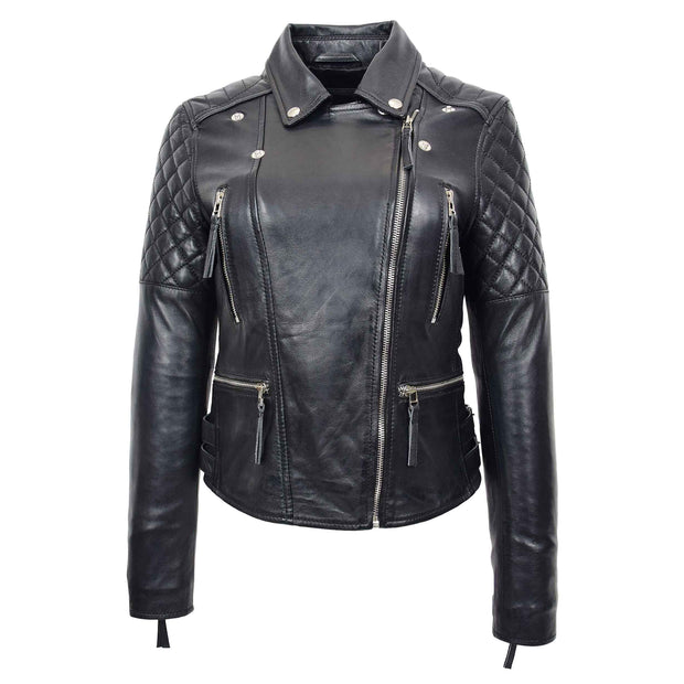 Womens Real Leather Jacket X-Zip Biker Style Fitted Quilted Liz Black