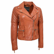 Womens Real Leather Jacket X-Zip Biker Style Fitted Quilted Liz Cognac