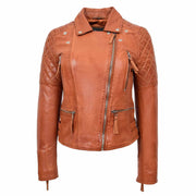 Womens Real Leather Jacket X-Zip Biker Style Fitted Quilted Liz Cognac