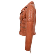 Womens Real Leather Jacket X-Zip Biker Style Fitted Quilted Liz Cognac