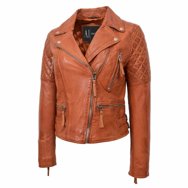 Womens Real Leather Jacket X-Zip Biker Style Fitted Quilted Liz Cognac