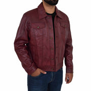 Mens Trucker Soft Leather Jacket Western Denim Style Coat Bond Burgundy