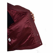 Mens Trucker Soft Leather Jacket Western Denim Style Coat Bond Burgundy Lining