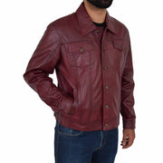 Mens Trucker Soft Leather Jacket Western Denim Style Coat Bond Burgundy Front 2